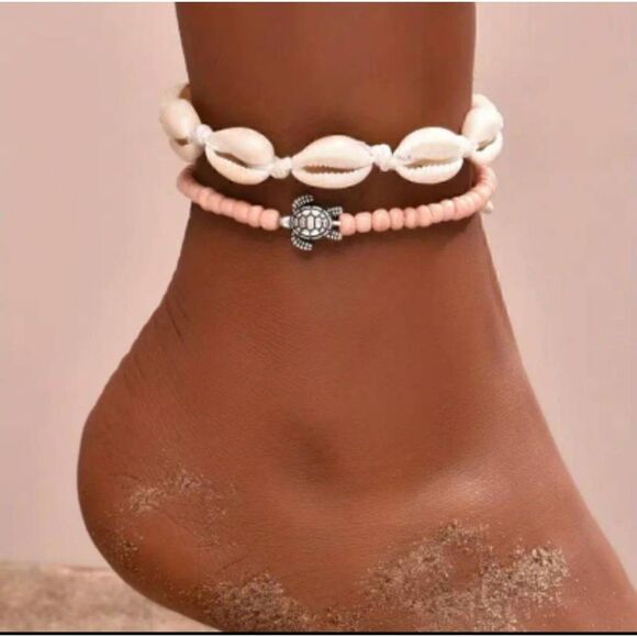 2pcs/set Handmade Braided Anklet, Shell & Turtle Charms For Men & Women - Picture 1 of 6